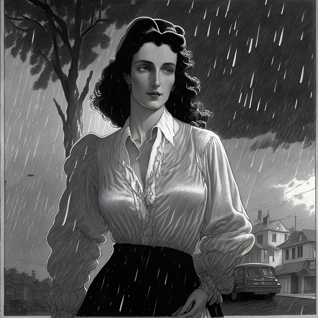 Monochrome illustration of woman with wavy hair in rain near suburban houses