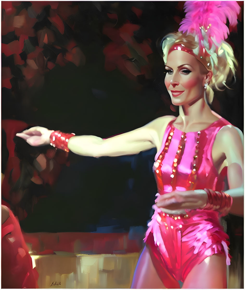 Pink feathered costume performer smiling and pointing with bracelets.