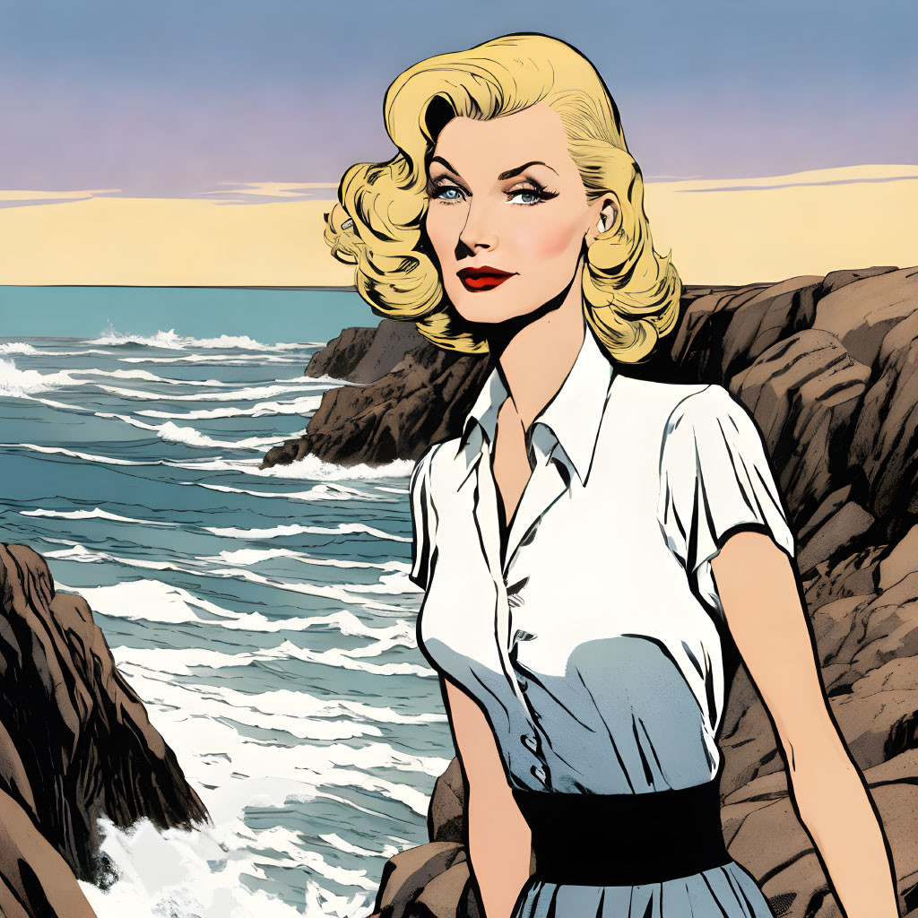 Blonde Woman in White Shirt on Rocky Shore at Sunset