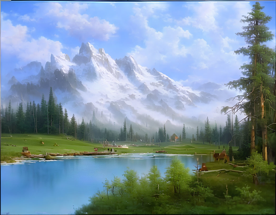 Snow-capped mountain range, blue lake, pine trees, cabin on green meadow