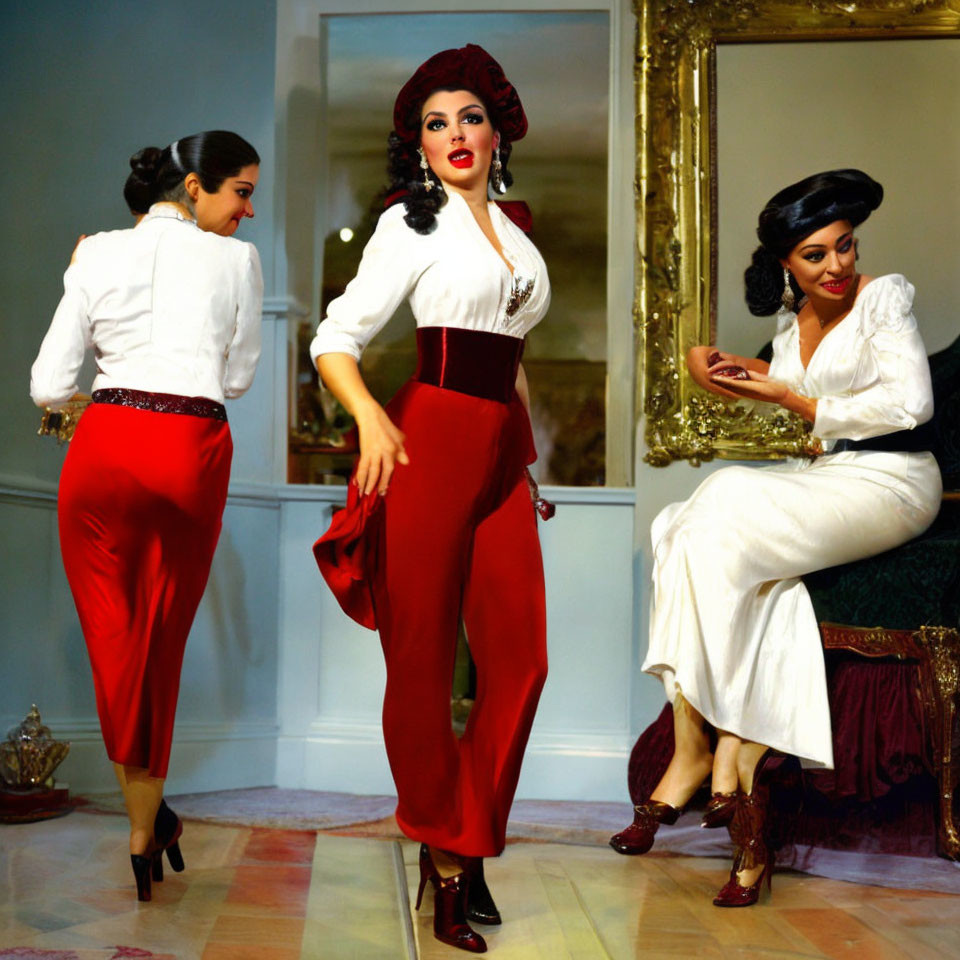 Vintage Fashion Woman in White Blouse, Red Skirt, and Turban Poses in Elegant Room