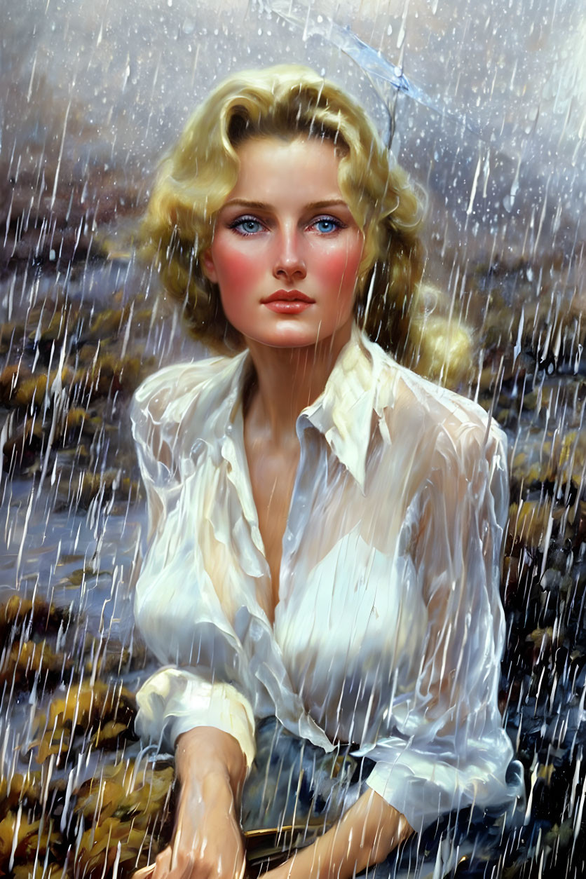 Blond Woman Portrait in White Shirt with Rain Streaks