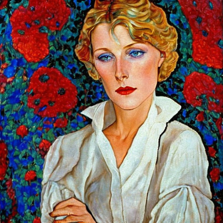 Portrait of Woman with Curly Blonde Hair and Blue Eyes in White Blouse on Blue Background