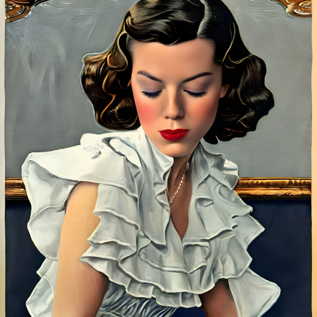 Vintage painting of a woman with brown hair and red lipstick in white blouse on blue background