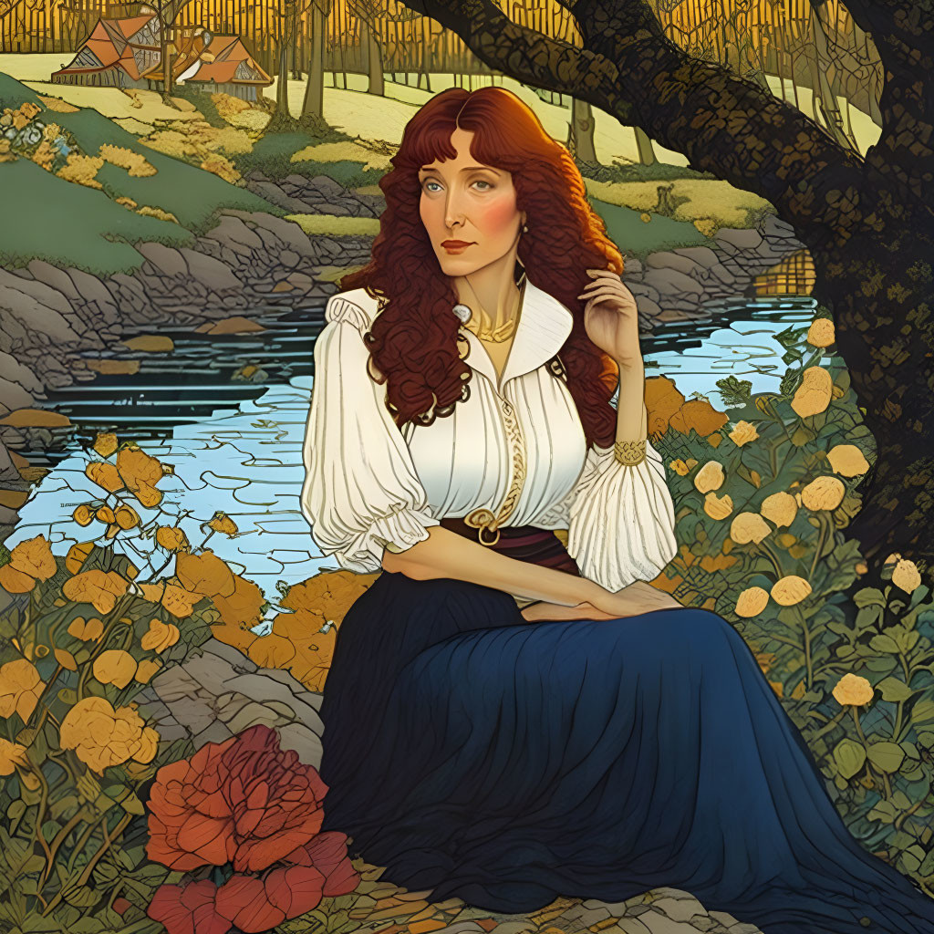 Illustrated woman with red hair in blue dress by river and lush trees in Art Nouveau style.