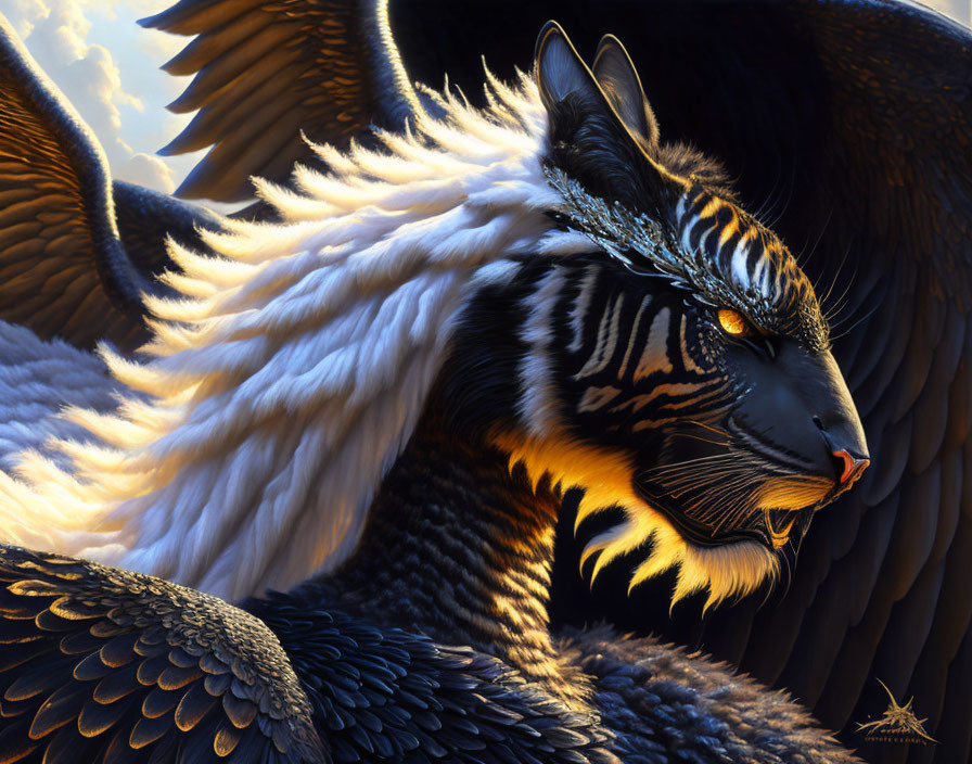 Digital art: mythical creature with tiger and eagle features, striped fur, feathered wings, intense eyes