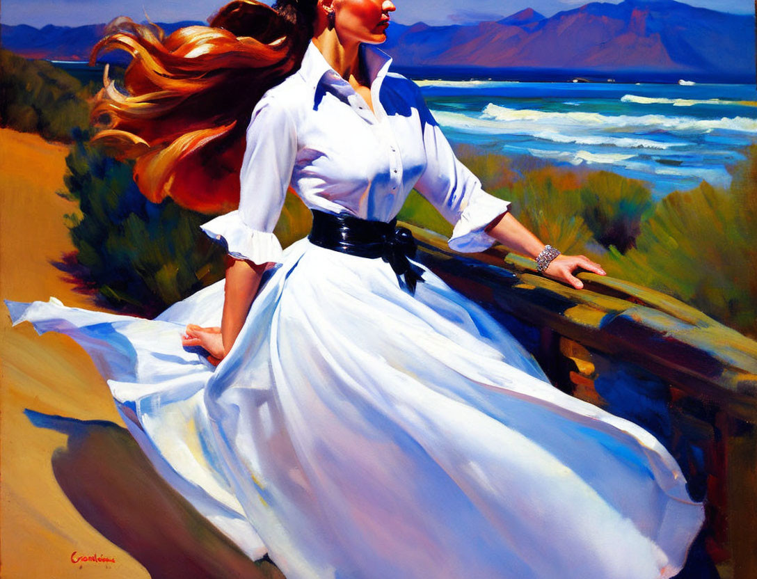 Woman in white dress by railing with sea and mountain view