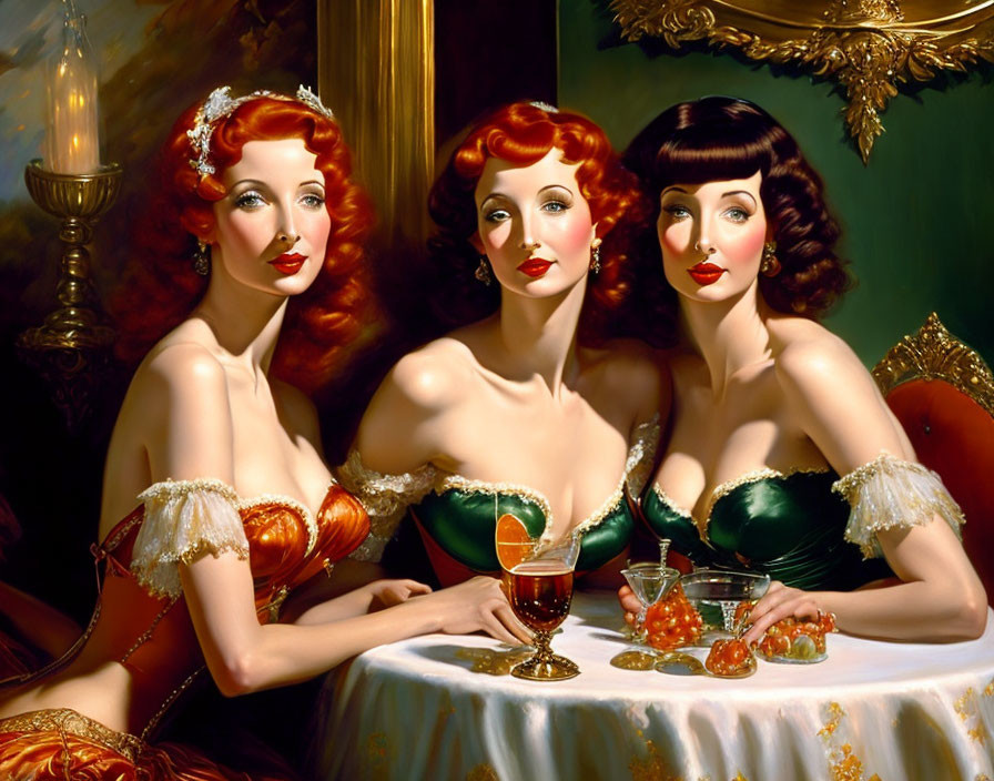 Three vintage-style women in green dresses at a table with cherries and a drink