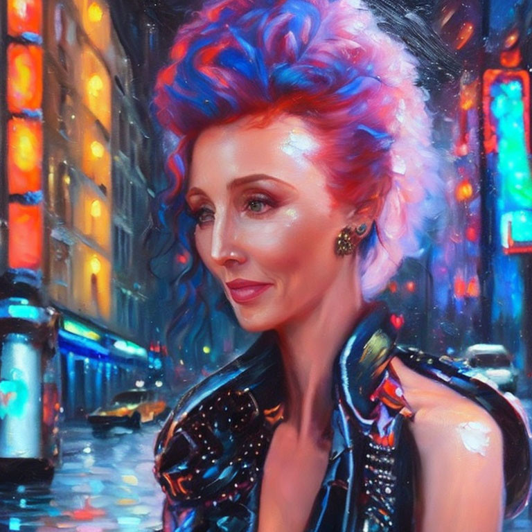 Vibrant portrait of a woman with blue and red hair in neon-lit cityscape