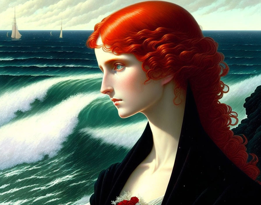 Vibrant red-haired woman gazes at sea with ships in background