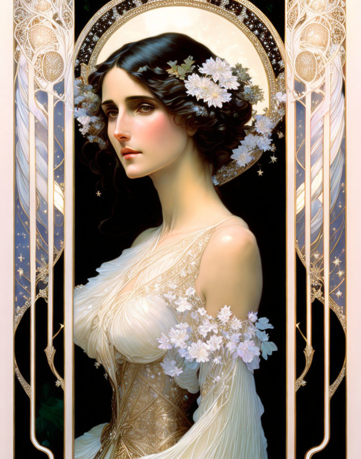 Stylized portrait of woman with dark hair and white flowers in Art Nouveau style