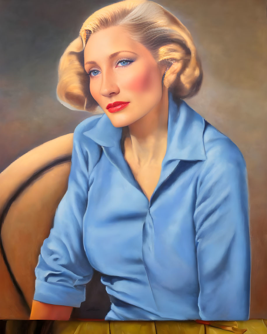 Blonde Woman Portrait with Blue Shirt and Red Lipstick