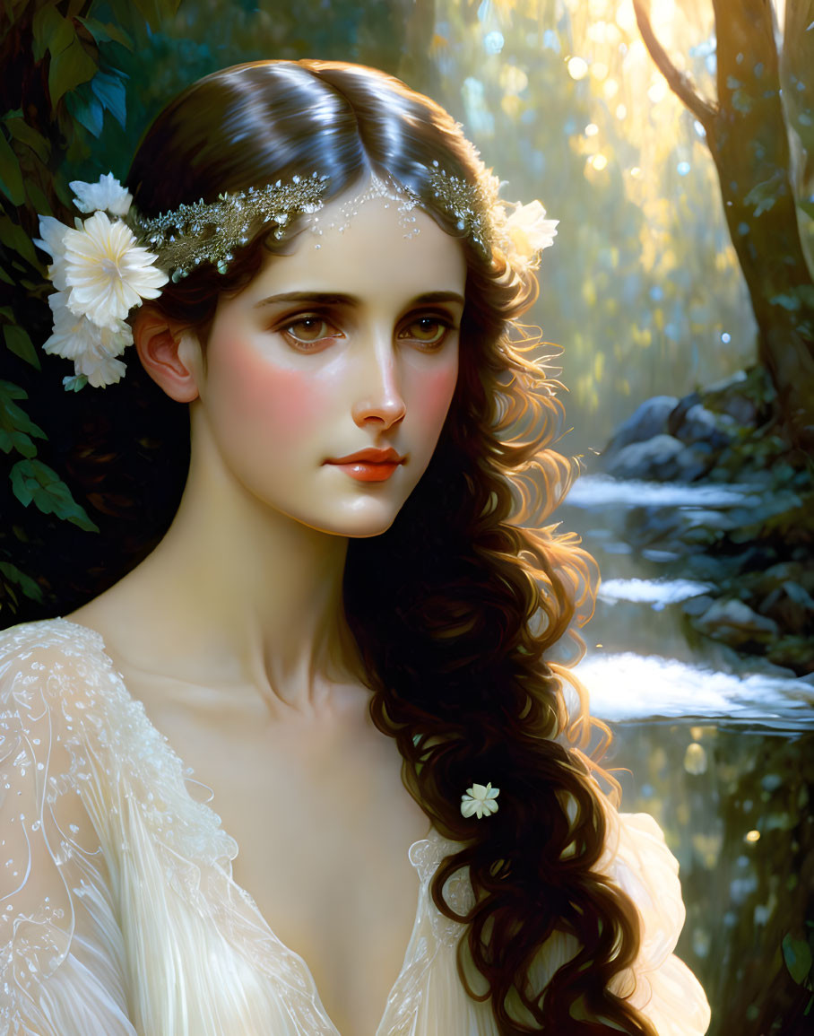 Woman with floral headpiece and wavy hair in sunlit forest