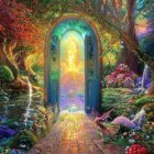 Mystical blue door on enchanting pathway with colorful flora