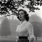 1940s vintage black and white photo of a woman with thoughtful expression and stately home in background