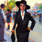 Confident woman in black suit walking in busy street scene