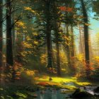 Serene forest scene with sunlight filtering through autumn leaves