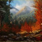 Tranquil autumn forest scene with babbling brook and colorful trees