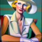 Sophisticated woman in wide-brimmed hat and white suit against red background.