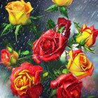 Colorful Roses with Water Droplets on Rainy Background