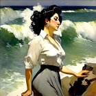 Classic-style painting of woman in white blouse and black skirt on rocky shore with crashing waves