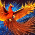 Mythical phoenix illustration with vibrant orange and red plumage on blue background