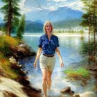 Woman in blue shirt and shorts walking by mountain lake with shoe in hand