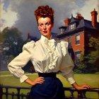 Vintage Portrait of Woman with Updo Hairstyle in White Blouse and Navy Skirt