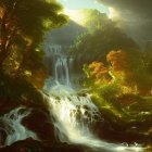 Scenic forest waterfall with sunlight, water, and rocks