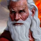 Elderly Man with White Beard, Blue Eyes, Red Cloak, Flames Background