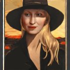 Portrait of person with black hat, fair skin, blonde hair against sunset backdrop