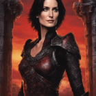 Dark-haired woman in medieval armor against dramatic red sky and castle ruins.