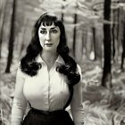 Monochrome portrait of woman with dark hair and vintage makeup in forest setting