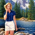 Woman in Blue Shirt and White Shorts by Mountain Lake with Cabin, Pine Trees, and Ducks