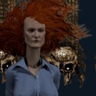 Woman with Striking Red Hair Surrounded by Skull-Embedded Tree Trunks