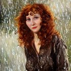 Curly Red-Haired Woman with Blue Eyes Behind Wet Glass