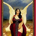 Stylized portrait of woman with angel wings in red dress against ornate golden frame