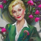 Blonde woman in green blazer with pink flowers