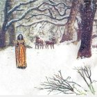 Golden cloaked figure in snowy forest with deer under frosty trees