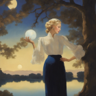 Vintage-style painting of woman with glowing orb near tree, lake, crescent moon