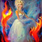 Woman in white gown engulfed by vivid flames on swirling blue backdrop