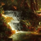 Tranquil waterfall in lush forest setting