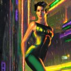 Stylized painting of woman in fitted dress against neon light backdrop