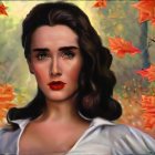 Digital painting: Woman with dark hair, intense brown eyes, red lips, against autumn leaves.