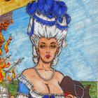 Illustrated woman in white wig with blue feathers and pearl necklace on fiery pirate-themed background.