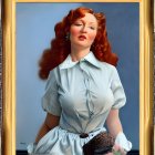 Portrait of a Woman with Red Hair in White Blouse and Blue Dress