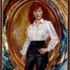 Curly Red-Haired Woman Portrait in Oval Frame