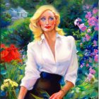 Blonde Woman in White Blouse Surrounded by Colorful Flowers