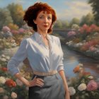 Portrait of woman with red hair in white blouse, blue skirt, amid serene landscape with colorful flowers and