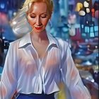 Blonde Woman in White Shirt with Blurred City Lights and Cars